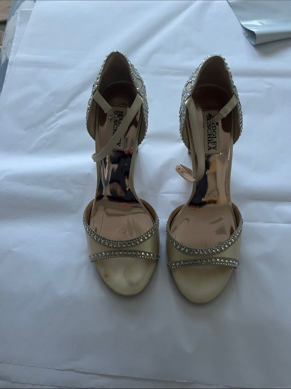 Badgley Mischka Champagne Crystal-Embellished Open-Toe Heels